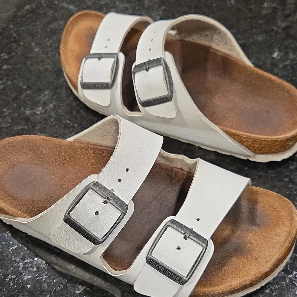 Birkenston Arizona White and Brown Sandals - Picture 3 of 5